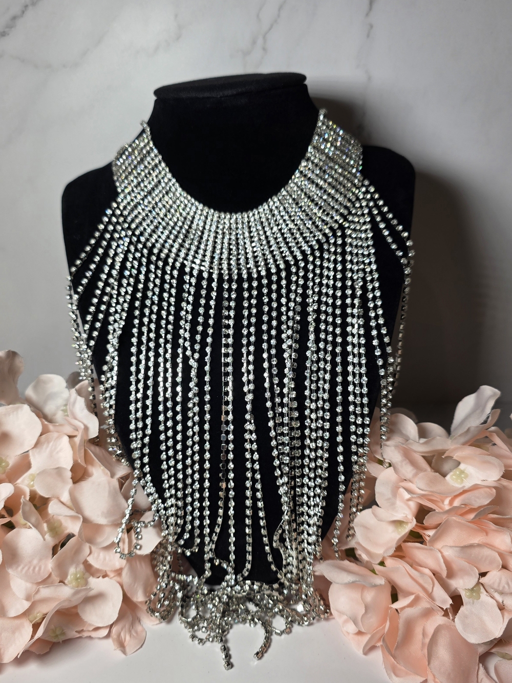 Forever 21- Silver Rhinestone Cascade Statement Necklace